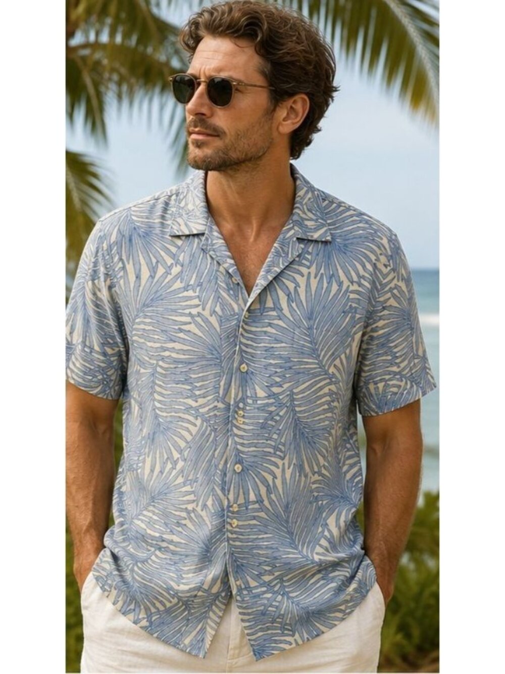 Tasso Elba Island Men's XL Silk Linen Hawaiian Camp Shirt Blue Palm Leaf Print